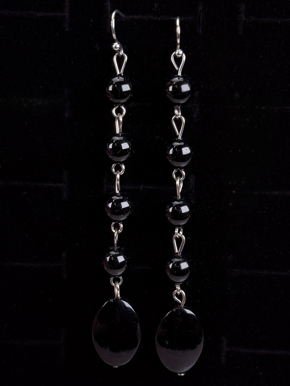 Long Black Beaded Silvertone Pierced Earrings
